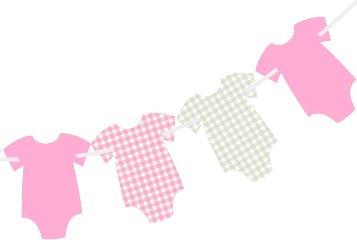 Pre-Strung Pink Gingham Bodysuit Baby Shower Garland Banner - 9 Double-Sided Onesie Cards-Baby Shower Decoration for Girls, Pink Nursery Decor, Newborn Celebration Banner