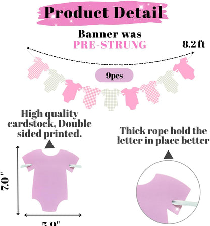 Pre-Strung Pink Gingham Bodysuit Baby Shower Garland Banner - 9 Double-Sided Onesie Cards-Baby Shower Decoration for Girls, Pink Nursery Decor, Newborn Celebration Banner
