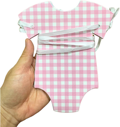 Pre-Strung Pink Gingham Bodysuit Baby Shower Garland Banner - 9 Double-Sided Onesie Cards-Baby Shower Decoration for Girls, Pink Nursery Decor, Newborn Celebration Banner