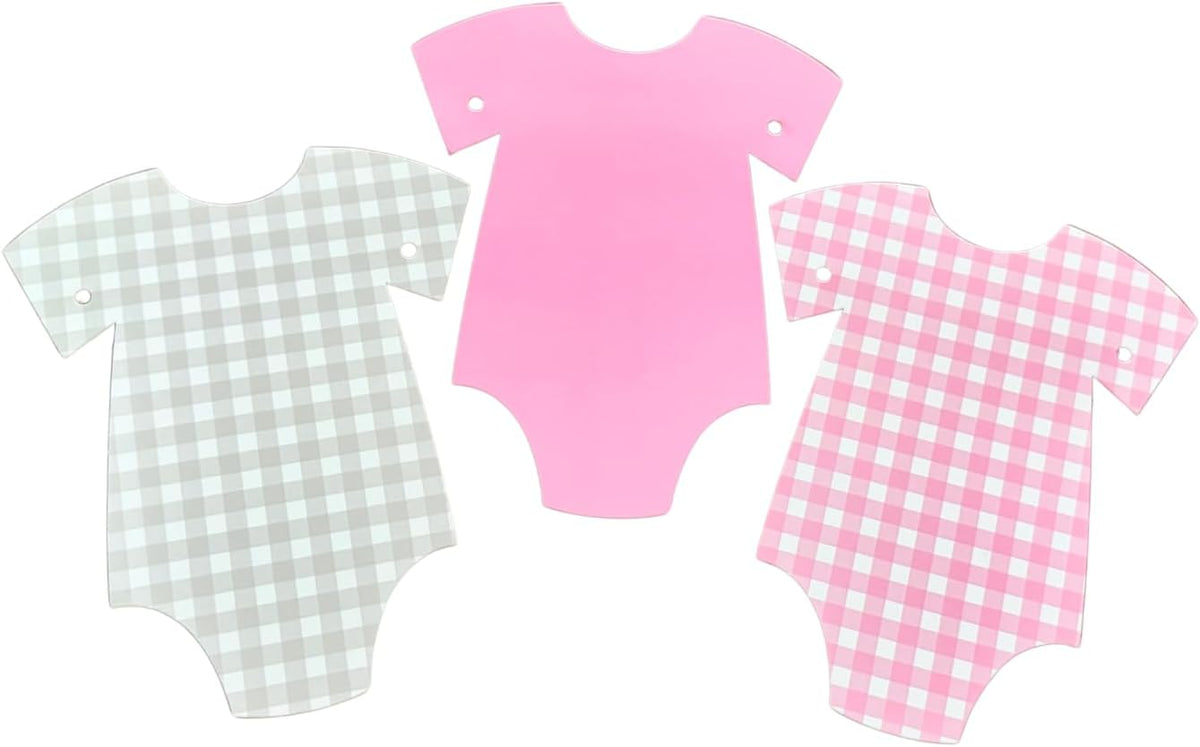 Pre-Strung Pink Gingham Bodysuit Baby Shower Garland Banner - 9 Double-Sided Onesie Cards-Baby Shower Decoration for Girls, Pink Nursery Decor, Newborn Celebration Banner