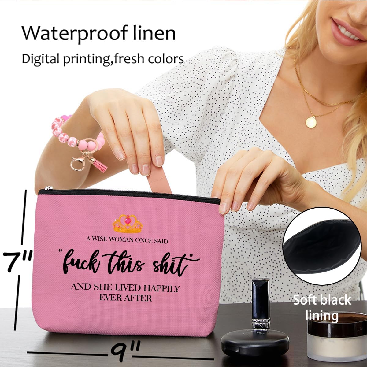 Funny Makeup Bag Inspirational Pink Cosmetic Bag Bracelet Keychain