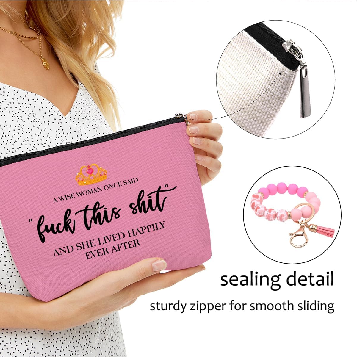 Funny Makeup Bag Inspirational Pink Cosmetic Bag Bracelet Keychain