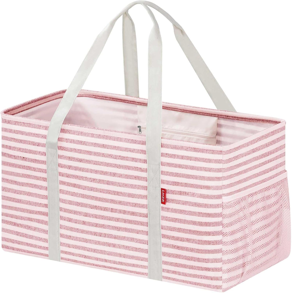 Standing Extra Large Utility Tote Bag with Metal Wire Frame and the Sides Rinforced, Extra Large Tote Bag with Handle, Reusable Grocery Bags Foldable, Beach Bag, Car Tote (Pink)