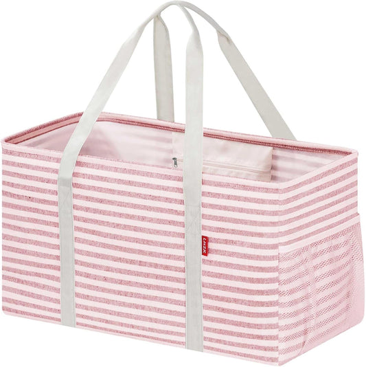 Standing Extra Large Utility Tote Bag with Metal Wire Frame and the Sides Rinforced, Extra Large Tote Bag with Handle, Reusable Grocery Bags Foldable, Beach Bag, Car Tote (Pink)