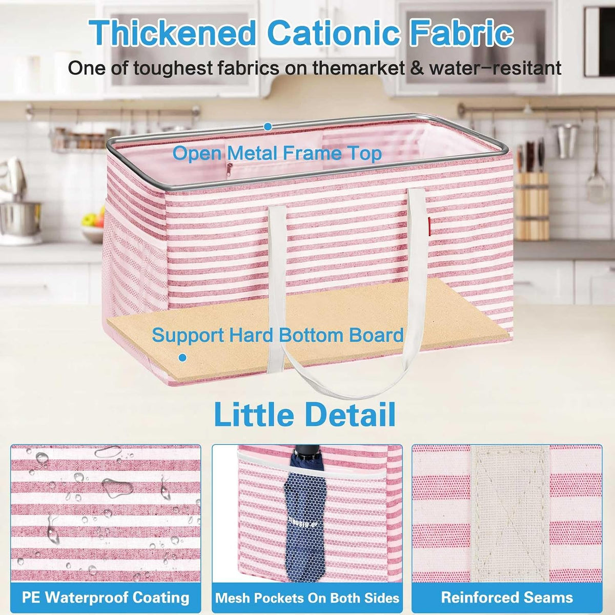Standing Extra Large Utility Tote Bag with Metal Wire Frame and the Sides Rinforced, Extra Large Tote Bag with Handle, Reusable Grocery Bags Foldable, Beach Bag, Car Tote (Pink)