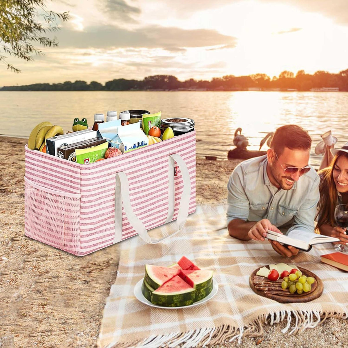 Standing Extra Large Utility Tote Bag with Metal Wire Frame and the Sides Rinforced, Extra Large Tote Bag with Handle, Reusable Grocery Bags Foldable, Beach Bag, Car Tote (Pink)