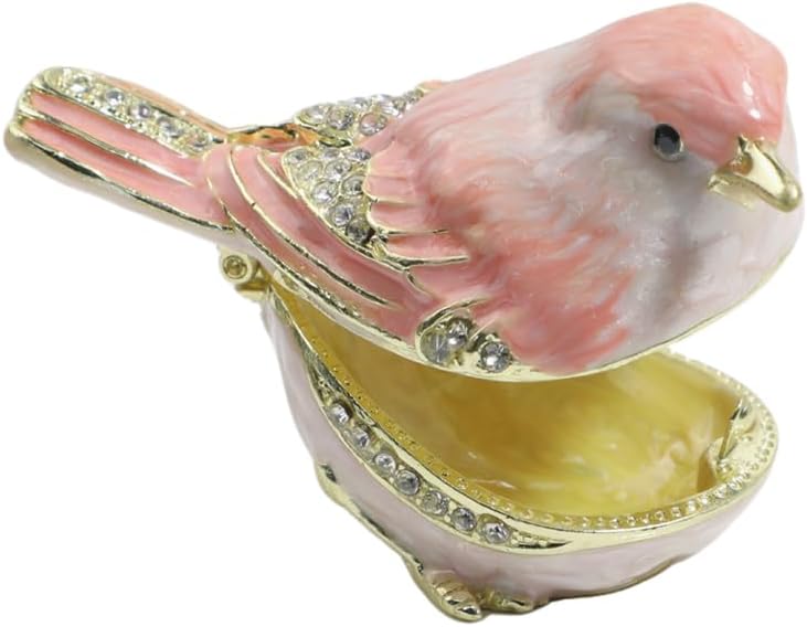 Mini Bird Trinket Boxes Hinge Hand-Painted Small Jewelry Box Enamel Decorative Unique Gift(Pink)