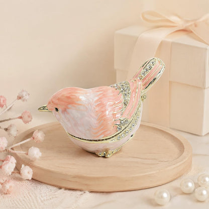 Mini Bird Trinket Boxes Hinge Hand-Painted Small Jewelry Box Enamel Decorative Unique Gift(Pink)