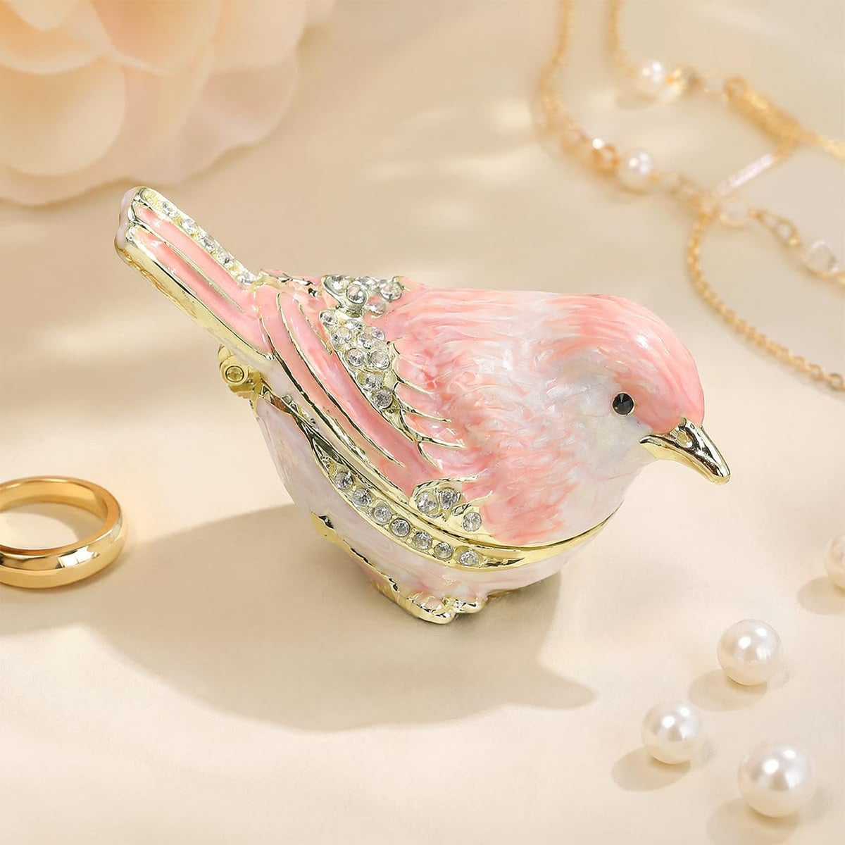 Mini Bird Trinket Boxes Hinge Hand-Painted Small Jewelry Box Enamel Decorative Unique Gift(Pink)