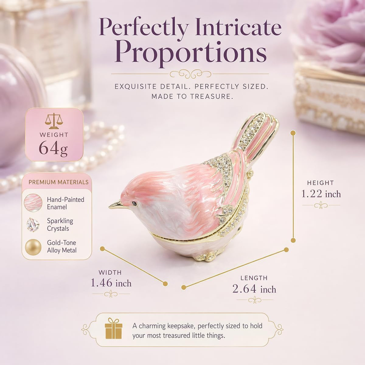 Mini Bird Trinket Boxes Hinge Hand-Painted Small Jewelry Box Enamel Decorative Unique Gift(Pink)