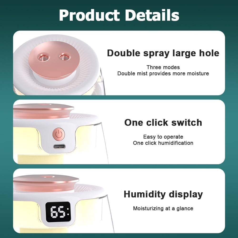 Double Spray Humidifier,1L Silent USB Digital Display Humidifier with 2 Mist Modes & Night Light for Car Office Home Room