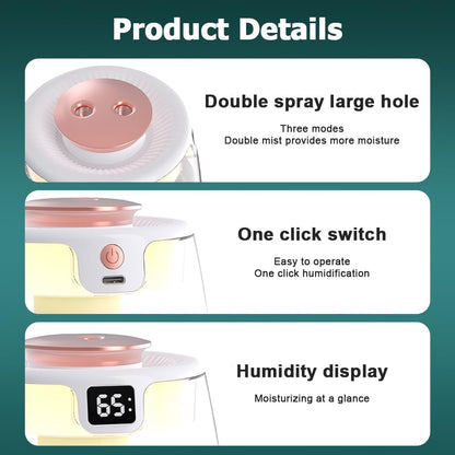Double Spray Humidifier,1L Silent USB Digital Display Humidifier with 2 Mist Modes & Night Light for Car Office Home Room