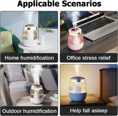 Double Spray Humidifier,1L Silent USB Digital Display Humidifier with 2 Mist Modes & Night Light for Car Office Home Room