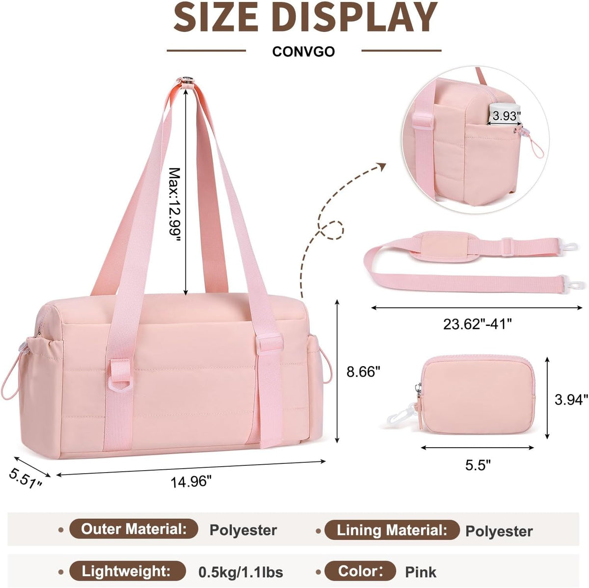 Small Gym Bag for Women, Tote Gym Bags with Coin Wallet, Pink