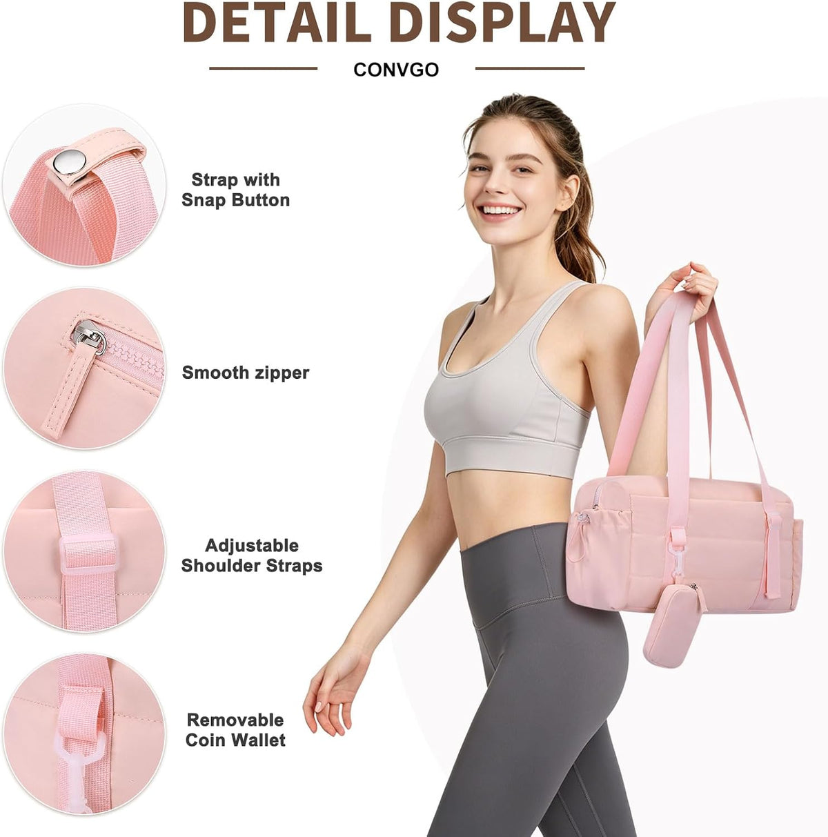 Small Gym Bag for Women, Tote Gym Bags with Coin Wallet, Pink