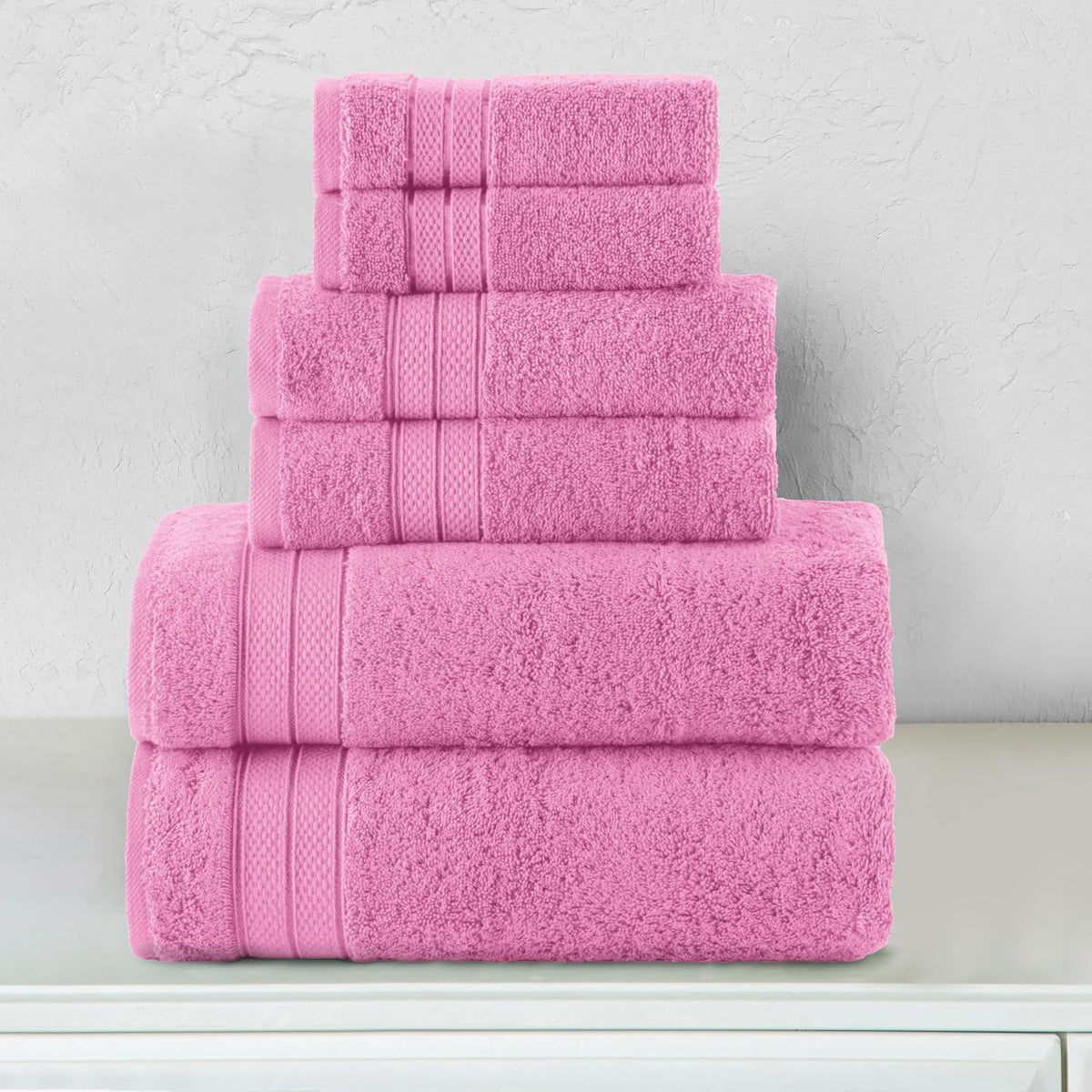 Luxury 6-Piece Towel Set, Premium Soft 100% Turkish Cotton, Three Line Popcorn Design 2 Bath Towels, 2 Hand Towels and 2 Washcloths Towel Set - Quick-Drying and Absorbent, Light Pink
