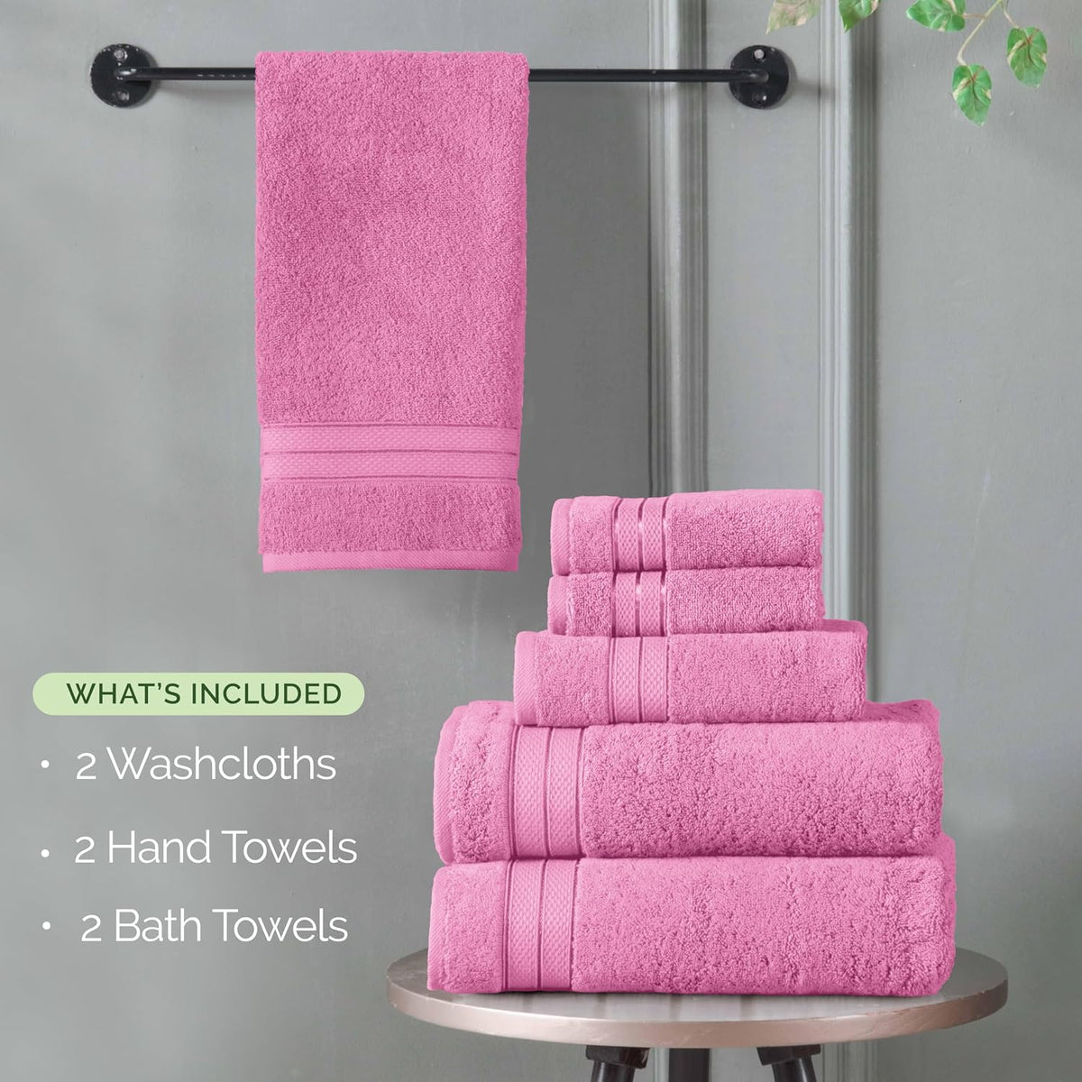 Luxury 6-Piece Towel Set, Premium Soft 100% Turkish Cotton, Three Line Popcorn Design 2 Bath Towels, 2 Hand Towels and 2 Washcloths Towel Set - Quick-Drying and Absorbent, Light Pink