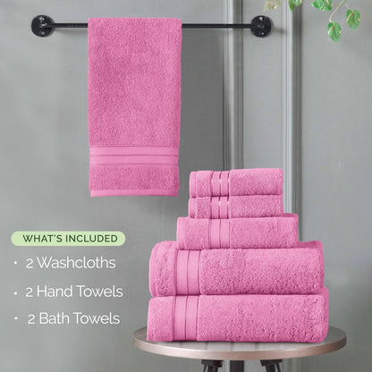 Luxury 6-Piece Towel Set, Premium Soft 100% Turkish Cotton, Three Line Popcorn Design 2 Bath Towels, 2 Hand Towels and 2 Washcloths Towel Set - Quick-Drying and Absorbent, Light Pink