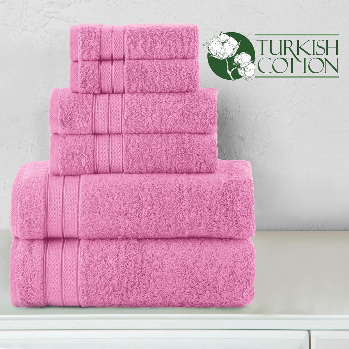 Luxury 6-Piece Towel Set, Premium Soft 100% Turkish Cotton, Three Line Popcorn Design 2 Bath Towels, 2 Hand Towels and 2 Washcloths Towel Set - Quick-Drying and Absorbent, Light Pink