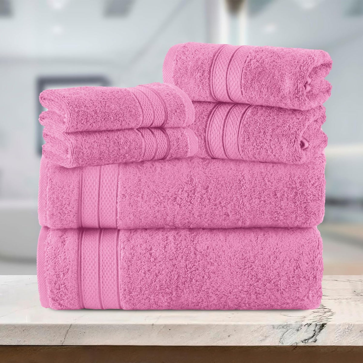 Luxury 6-Piece Towel Set, Premium Soft 100% Turkish Cotton, Three Line Popcorn Design 2 Bath Towels, 2 Hand Towels and 2 Washcloths Towel Set - Quick-Drying and Absorbent, Light Pink