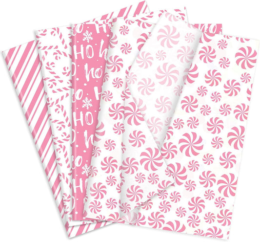 100 Sheets Christmas Tissue Paper Pink White Art Tissue Candy Cane Stripe Wrapping Paper for Xmas Winter DIY Crafts Gift Packing, 14 x 20 Inch