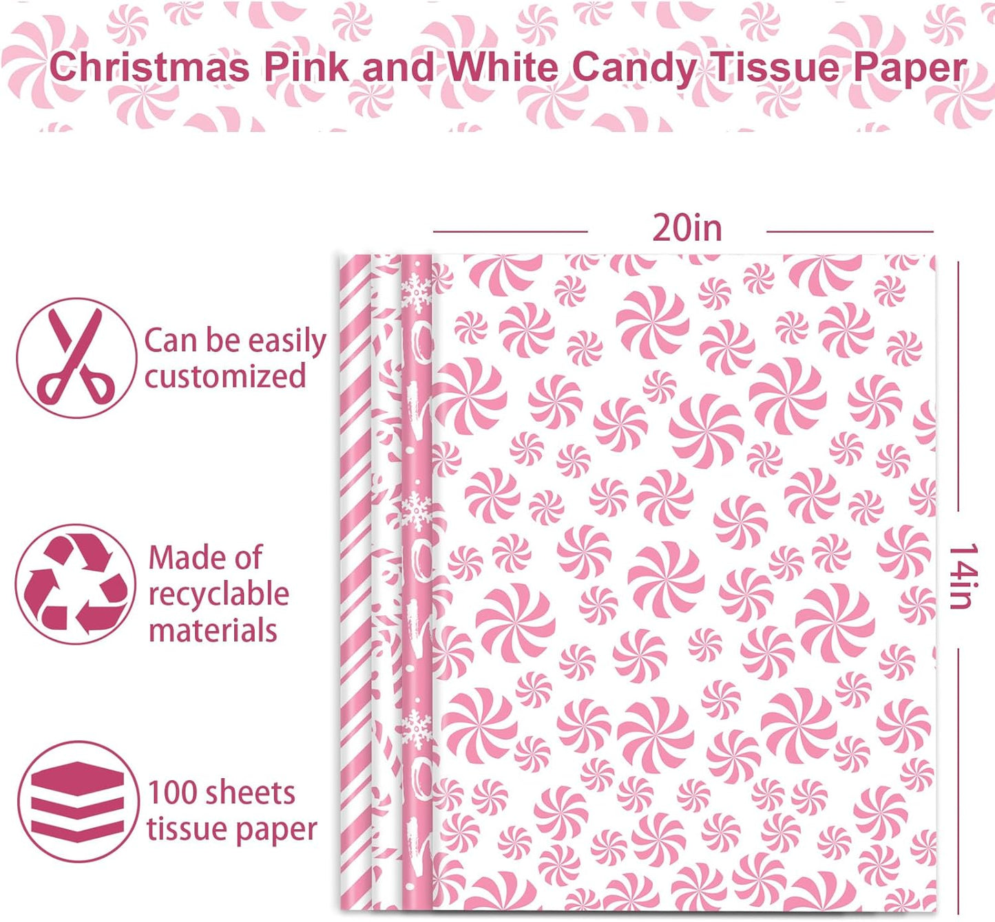 100 Sheets Christmas Tissue Paper Pink White Art Tissue Candy Cane Stripe Wrapping Paper for Xmas Winter DIY Crafts Gift Packing, 14 x 20 Inch