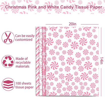 100 Sheets Christmas Tissue Paper Pink White Art Tissue Candy Cane Stripe Wrapping Paper for Xmas Winter DIY Crafts Gift Packing, 14 x 20 Inch