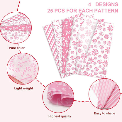 100 Sheets Christmas Tissue Paper Pink White Art Tissue Candy Cane Stripe Wrapping Paper for Xmas Winter DIY Crafts Gift Packing, 14 x 20 Inch