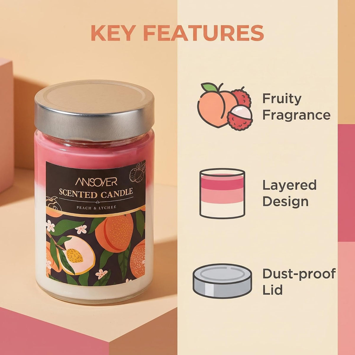 Scented Soy Candles, Peach & Lychee, 11oz