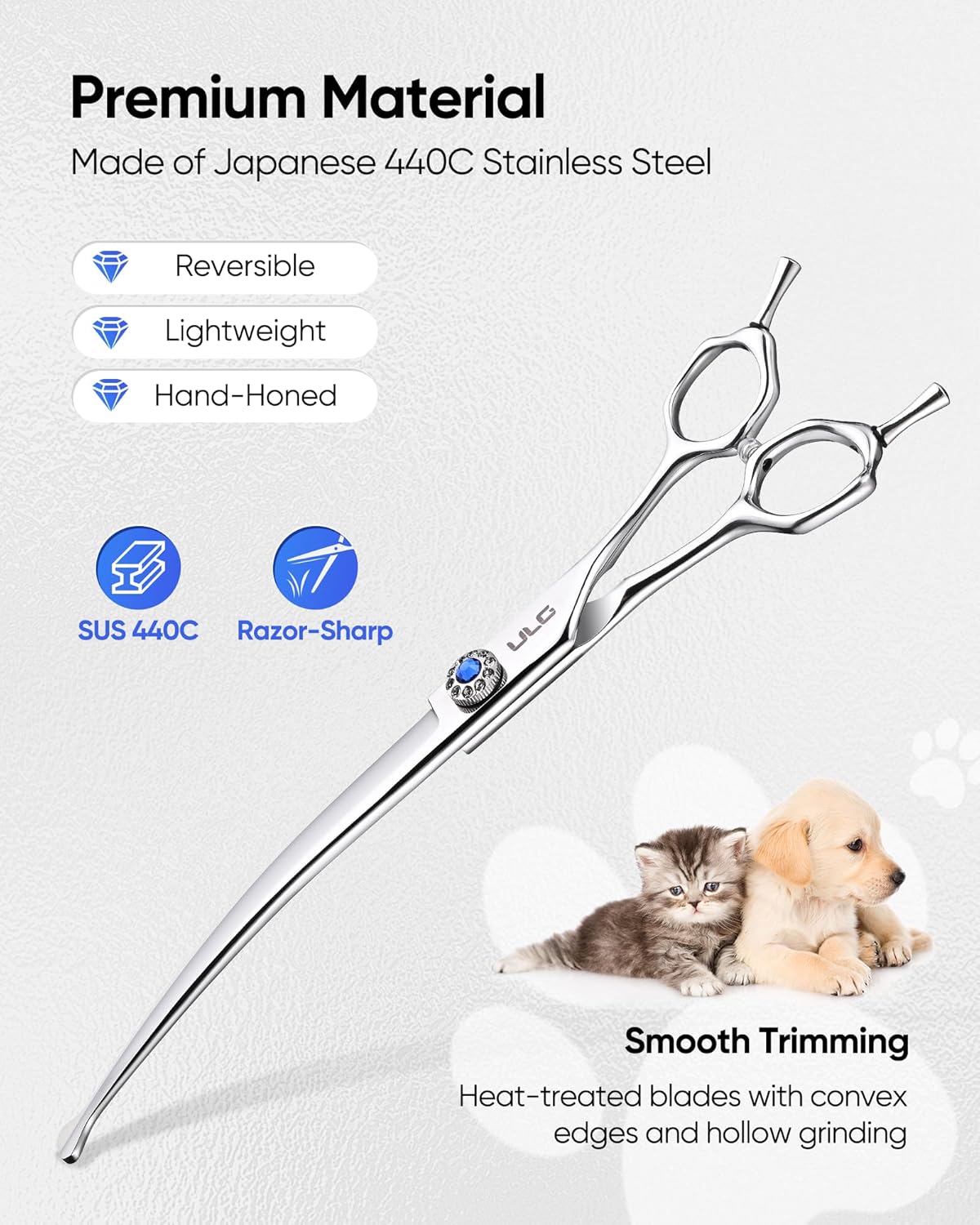 ULG Curved Dog Shears for Grooming, 7 Inch Professional Curved Dog Grooming Scissors for Trimming and Cutting, Japanese Stainless Steel Pet Hair Scissors