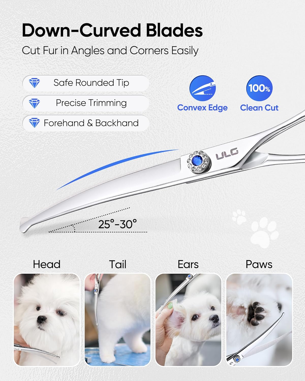 ULG Curved Dog Shears for Grooming, 7 Inch Professional Curved Dog Grooming Scissors for Trimming and Cutting, Japanese Stainless Steel Pet Hair Scissors