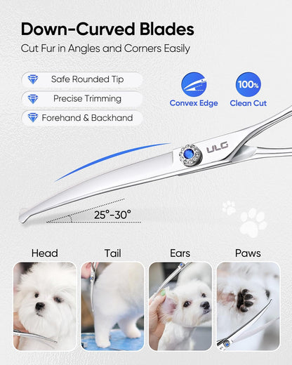 ULG Curved Dog Shears for Grooming, 7 Inch Professional Curved Dog Grooming Scissors for Trimming and Cutting, Japanese Stainless Steel Pet Hair Scissors