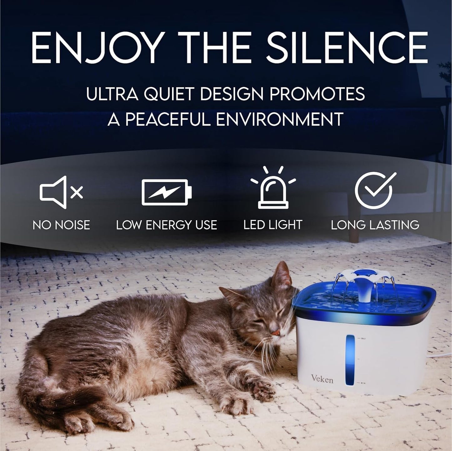 Veken Innovation Award Winner 95oz/2.8L Pet Fountain, Automatic Cat Water Fountain Dog Water Dispenser with 6 Replacement Filters & Silicone Mat for Cats, Dogs (Blue, Plastic)
