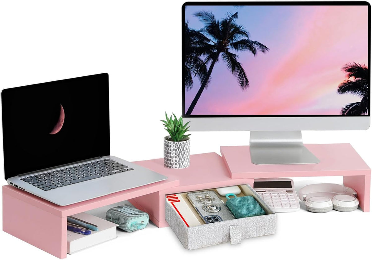 Pink Dual Monitor Stand Riser with Drawer - Length and Angle Adjustable Double Corner Desk Shelf Organizer 37 inch for 2 Laptop/PC/Screen/TV