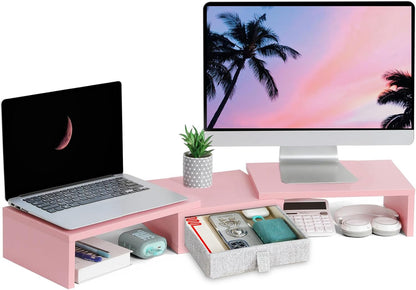 Pink Dual Monitor Stand Riser with Drawer - Length and Angle Adjustable Double Corner Desk Shelf Organizer 37 inch for 2 Laptop/PC/Screen/TV