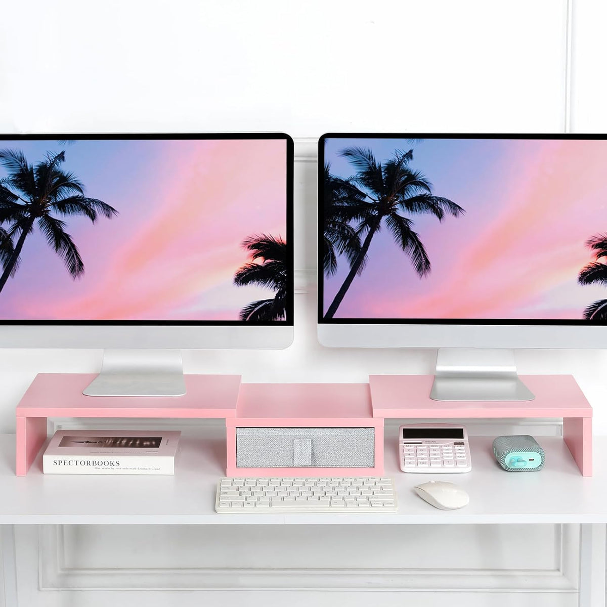 Pink Dual Monitor Stand Riser with Drawer - Length and Angle Adjustable Double Corner Desk Shelf Organizer 37 inch for 2 Laptop/PC/Screen/TV