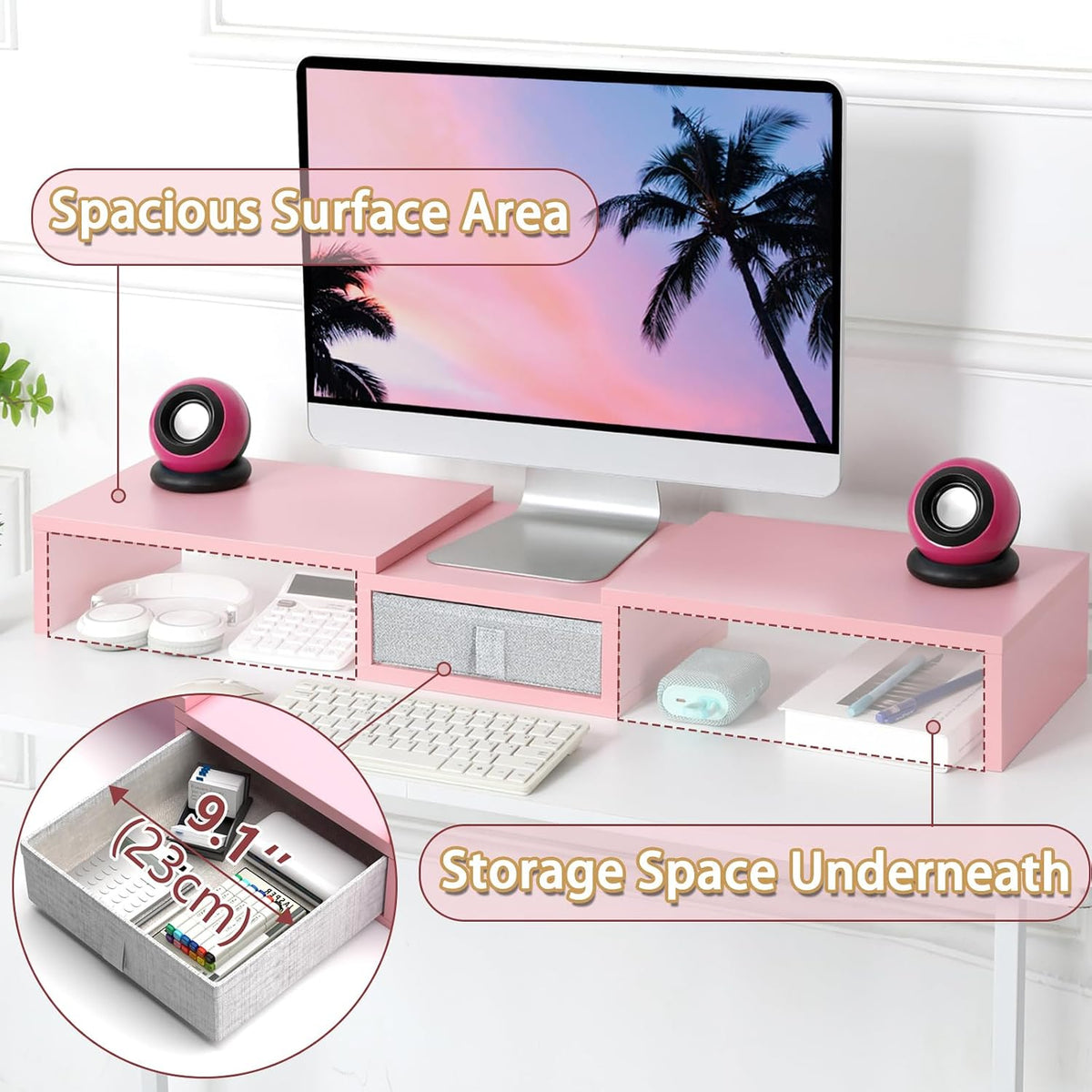 Pink Dual Monitor Stand Riser with Drawer - Length and Angle Adjustable Double Corner Desk Shelf Organizer 37 inch for 2 Laptop/PC/Screen/TV
