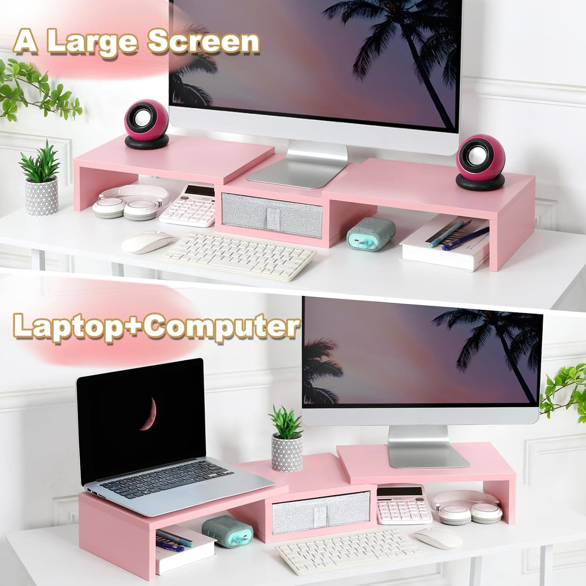 Pink Dual Monitor Stand Riser with Drawer - Length and Angle Adjustable Double Corner Desk Shelf Organizer 37 inch for 2 Laptop/PC/Screen/TV