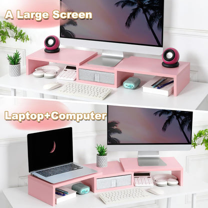 Pink Dual Monitor Stand Riser with Drawer - Length and Angle Adjustable Double Corner Desk Shelf Organizer 37 inch for 2 Laptop/PC/Screen/TV