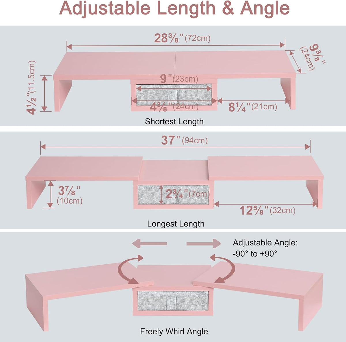 Pink Dual Monitor Stand Riser with Drawer - Length and Angle Adjustable Double Corner Desk Shelf Organizer 37 inch for 2 Laptop/PC/Screen/TV