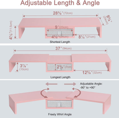 Pink Dual Monitor Stand Riser with Drawer - Length and Angle Adjustable Double Corner Desk Shelf Organizer 37 inch for 2 Laptop/PC/Screen/TV