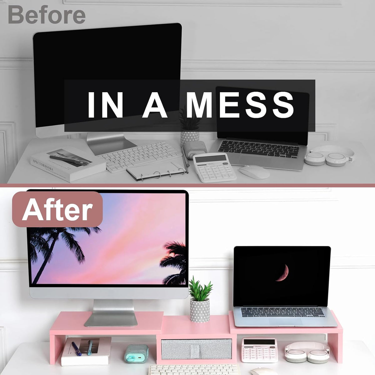 Pink Dual Monitor Stand Riser with Drawer - Length and Angle Adjustable Double Corner Desk Shelf Organizer 37 inch for 2 Laptop/PC/Screen/TV