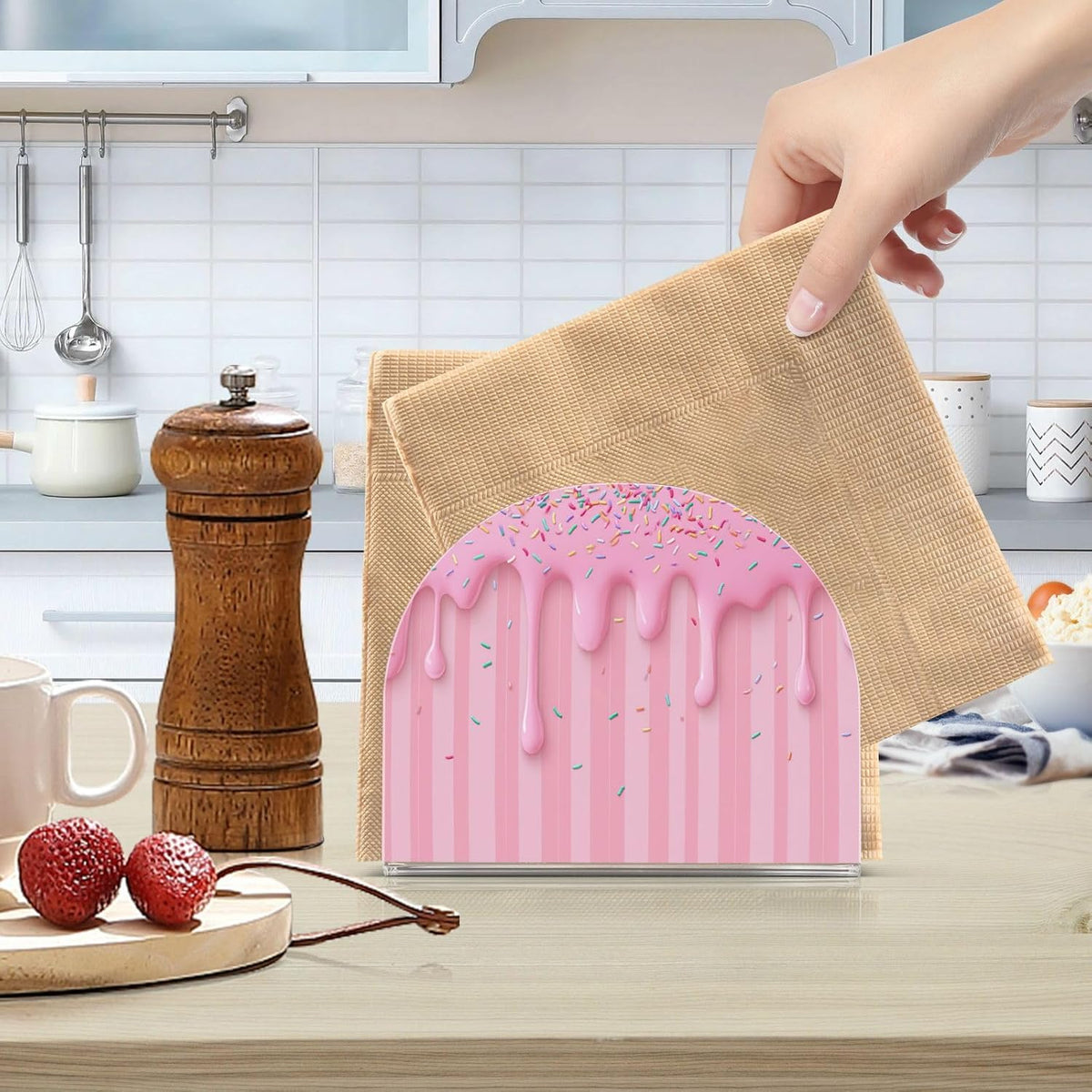 Ice Cream Waffle Cone Pink Napkin Holder for Table Freestanding Tissue Dispenser Acrylic Cloth Napkin Holders for Kitchen Countertop Home