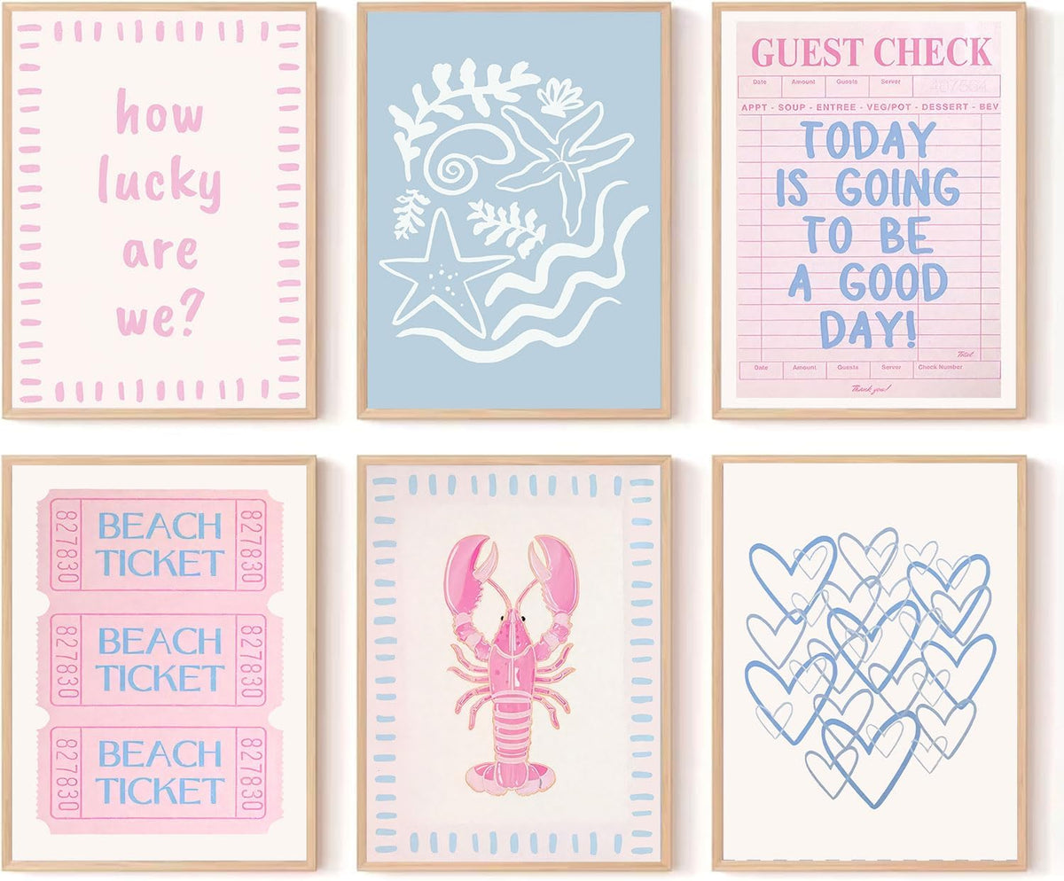 6Pcs Coastal Granddaughter Wall Art Prints Pink Blue Beach Beach Preppy Wall Decor Pictures Summer Beachy Aesthetic Posters for Girly Bedroom Dorm Apartment Home Decoration Unframed 8x10in