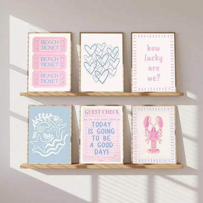 6Pcs Coastal Granddaughter Wall Art Prints Pink Blue Beach Beach Preppy Wall Decor Pictures Summer Beachy Aesthetic Posters for Girly Bedroom Dorm Apartment Home Decoration Unframed 8x10in