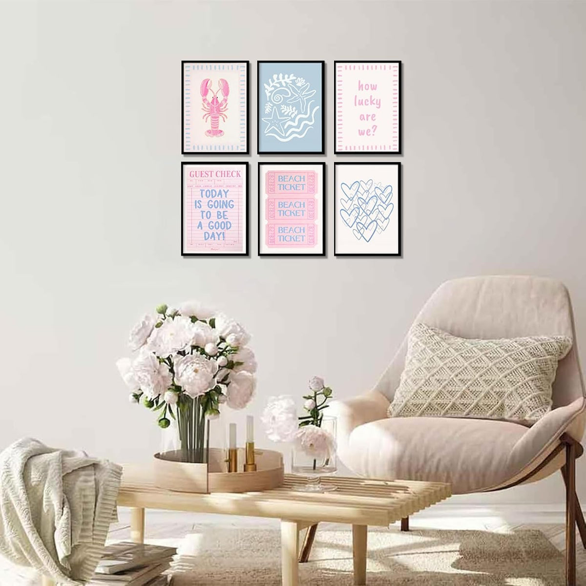 6Pcs Coastal Granddaughter Wall Art Prints Pink Blue Beach Beach Preppy Wall Decor Pictures Summer Beachy Aesthetic Posters for Girly Bedroom Dorm Apartment Home Decoration Unframed 8x10in