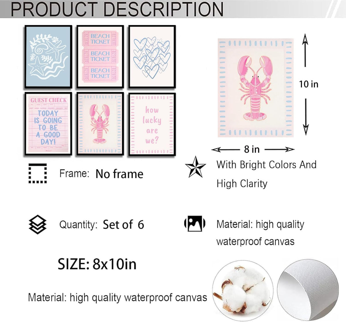 6Pcs Coastal Granddaughter Wall Art Prints Pink Blue Beach Beach Preppy Wall Decor Pictures Summer Beachy Aesthetic Posters for Girly Bedroom Dorm Apartment Home Decoration Unframed 8x10in