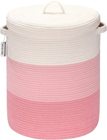 Large Woven Cotton Rope Laundry Basket with Lid, 20 x 16 in