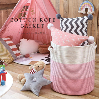 Large Woven Cotton Rope Laundry Basket with Lid, 20 x 16 in