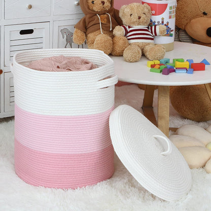 Large Woven Cotton Rope Laundry Basket with Lid, 20 x 16 in